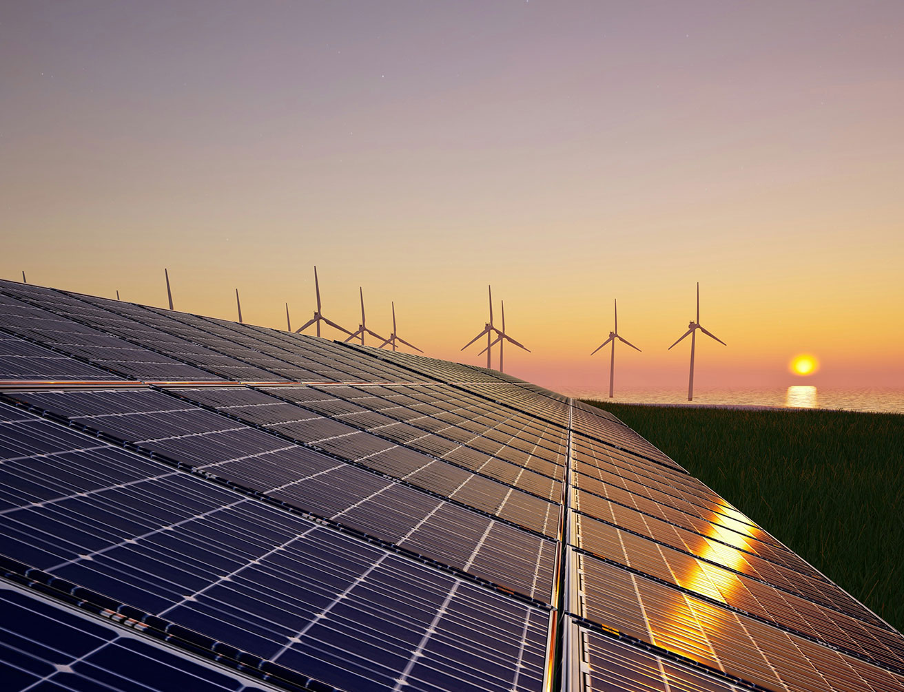 Solar panels with wind units on the horizon