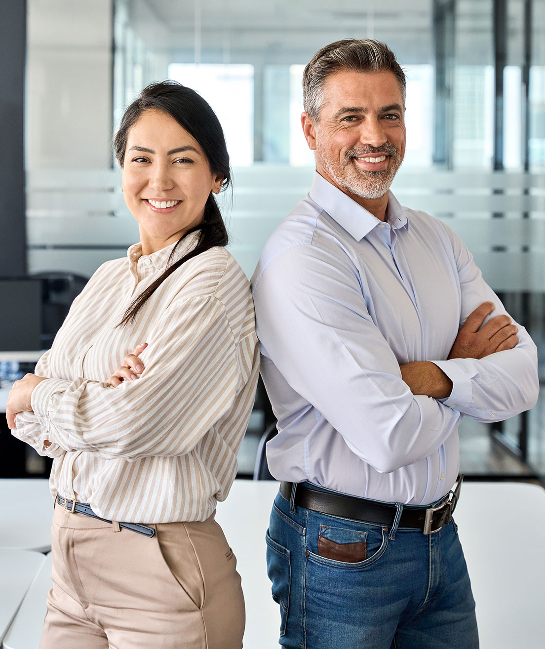 Male and female corporate leaders managers standing in office