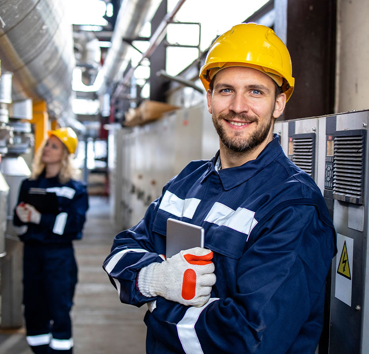 Male engineer with hard hat and female engineer in the background