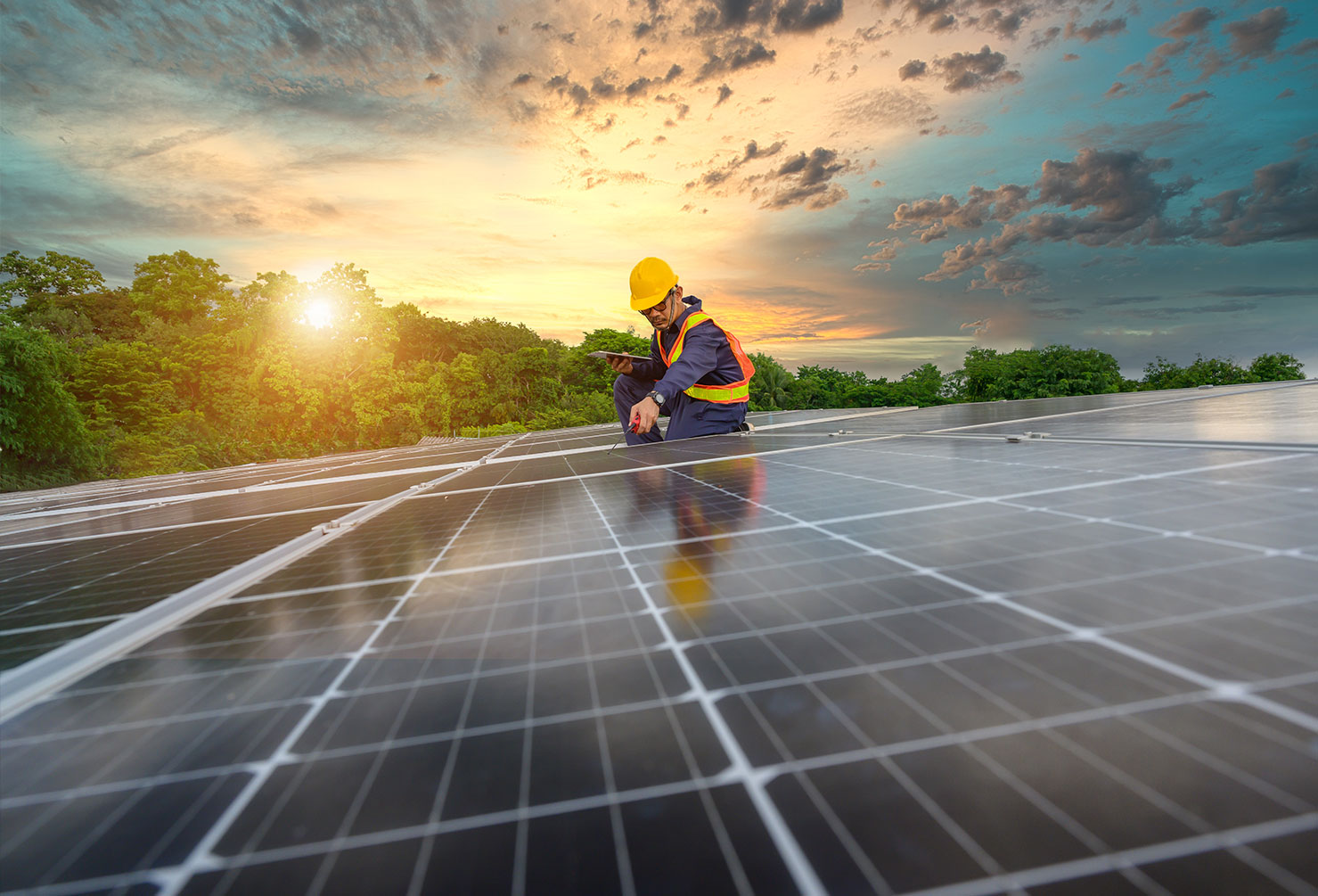 A power plant engineer installs solar panels To inspect the solar panels