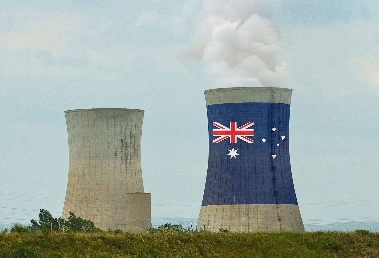 The Australian flag is depicted on the cooling tower of the nuclear power plant.