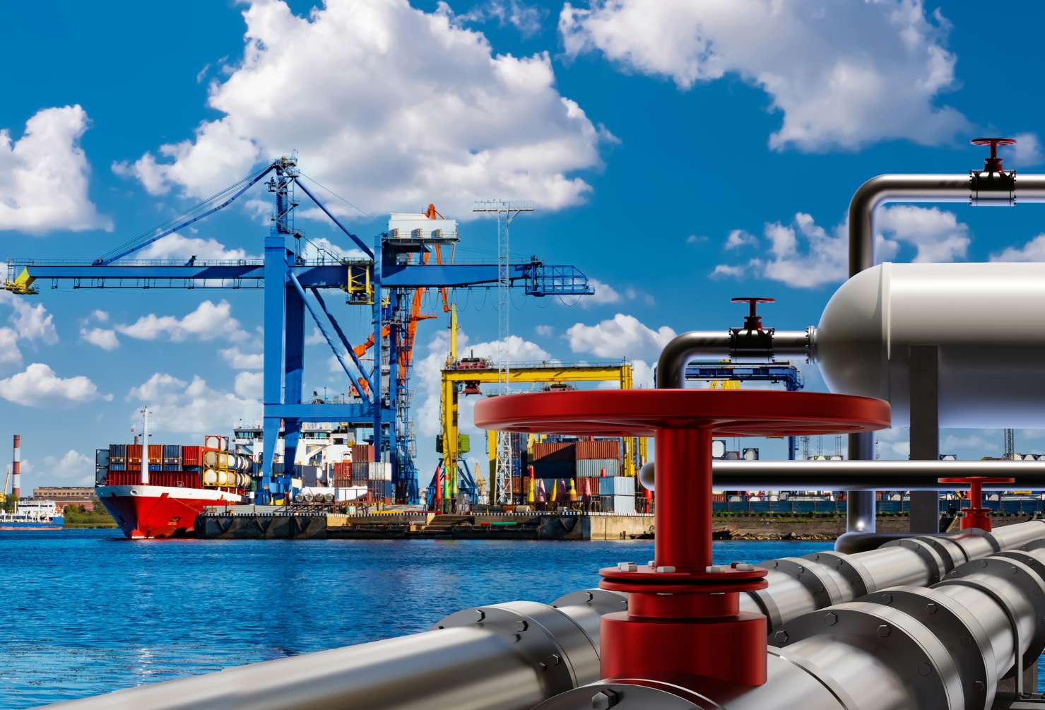 Enxgy-blog-north-west-shelf-extension Port terminal. Berth for unloading liquefied gas. Supply of liquefied gas across ocean. Terminal for loading gas onto ships. LNG equipment near sea. Port crane unloading ship in background.
