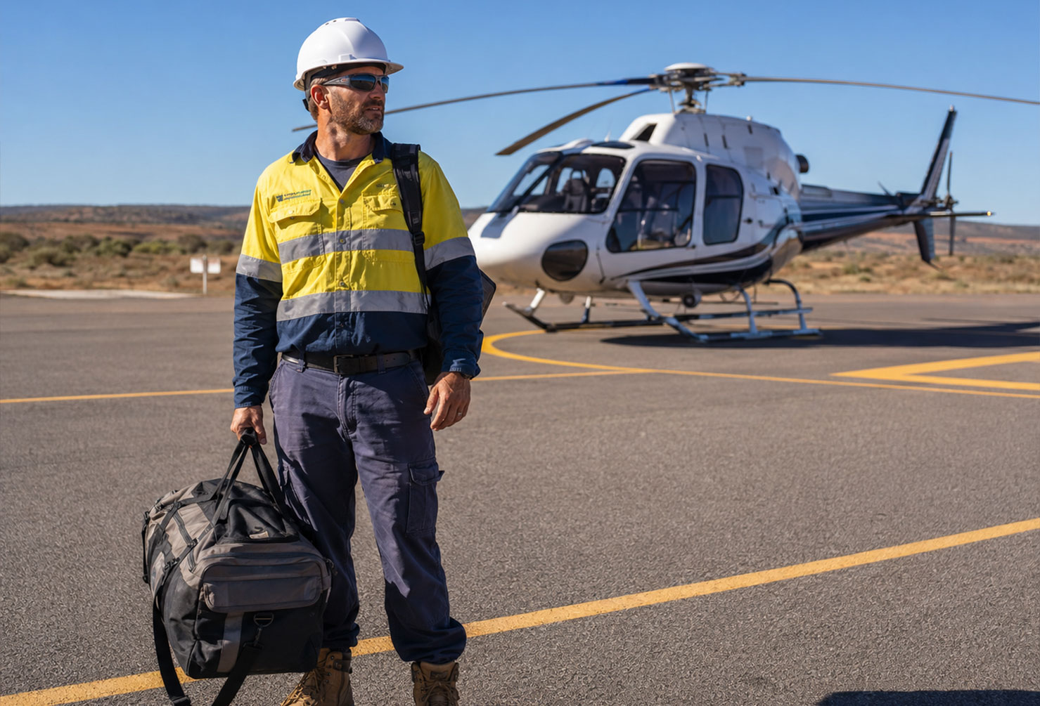 An experienced oil and gas field worker in full PPE with a kit bag at a regional airport or helipad, ready to depart for a remote site
