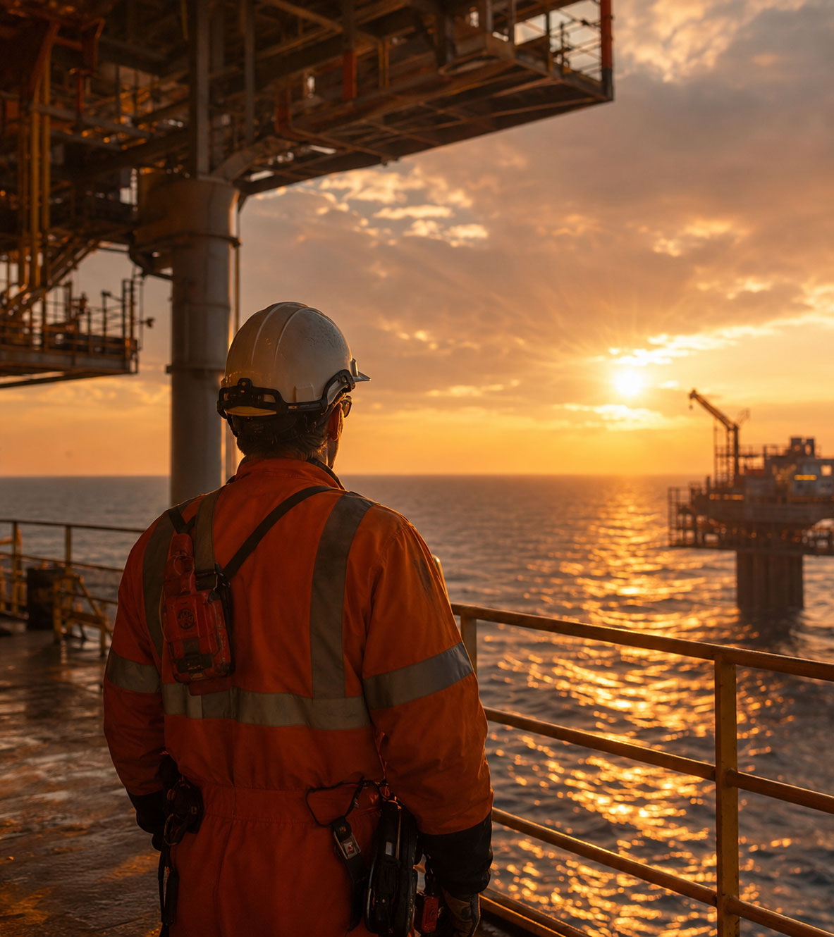 A cinematic portrait-format photograph of a lone field technician in full PPE — hard hat, hi-vis coveralls, safety glasses — standing on an offshore platform deck at golden hour, looking out toward open water. Shot from behind or three-quarter angle, the figure occupying the lower two-thirds of the frame with sky and platform structure above. Industrial equipment visible in the background.