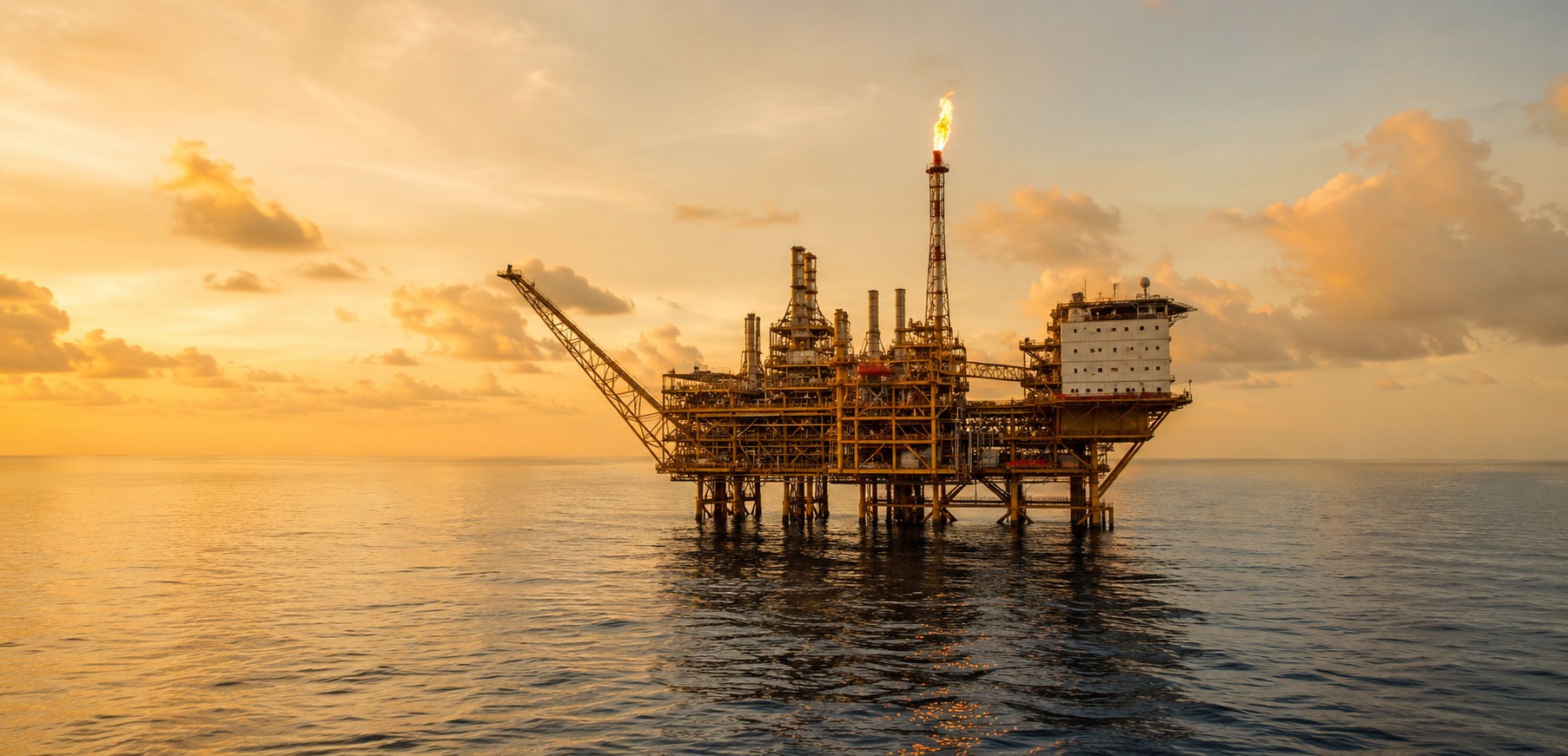 A wide aerial photograph of an offshore gas platform in calm tropical waters, shot during golden hour with warm amber light reflecting on the sea. The platform is mid-distance, showing full structure with flare stack and accommodation module visible. Clean sky with soft cloud detail.