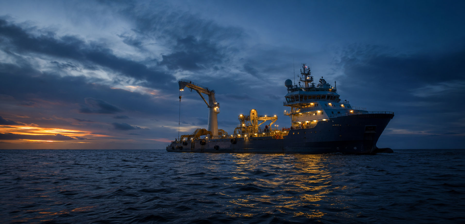 A wide photograph of a subsea support vessel on open ocean at dusk, shot from a low angle with the vessel's deck and crane equipment visible against a moody deep blue sky. Industrial and operational in feel, remote and isolated atmosphere.