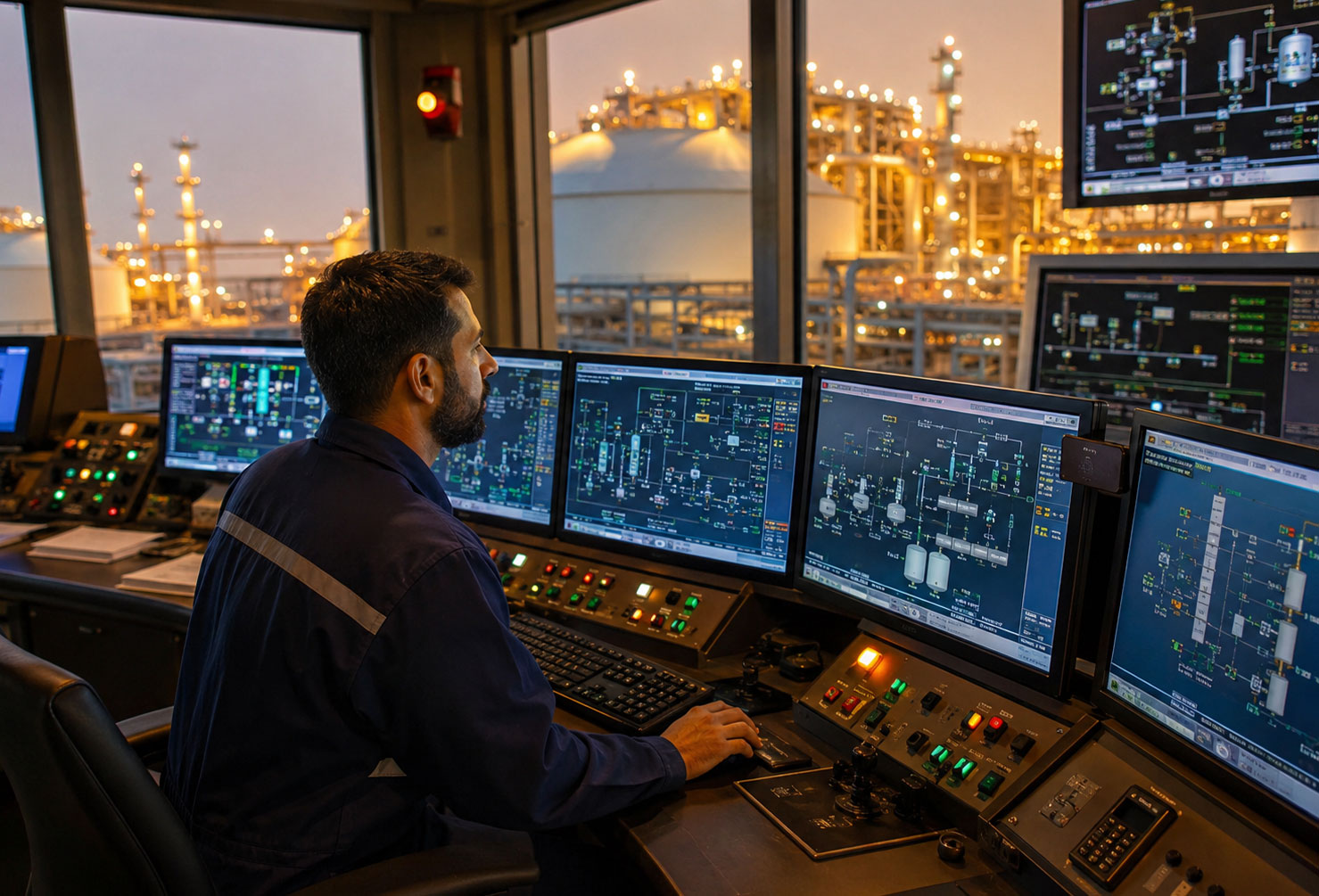 A control room operator at a DCS control panel in an LNG or gas processing facility