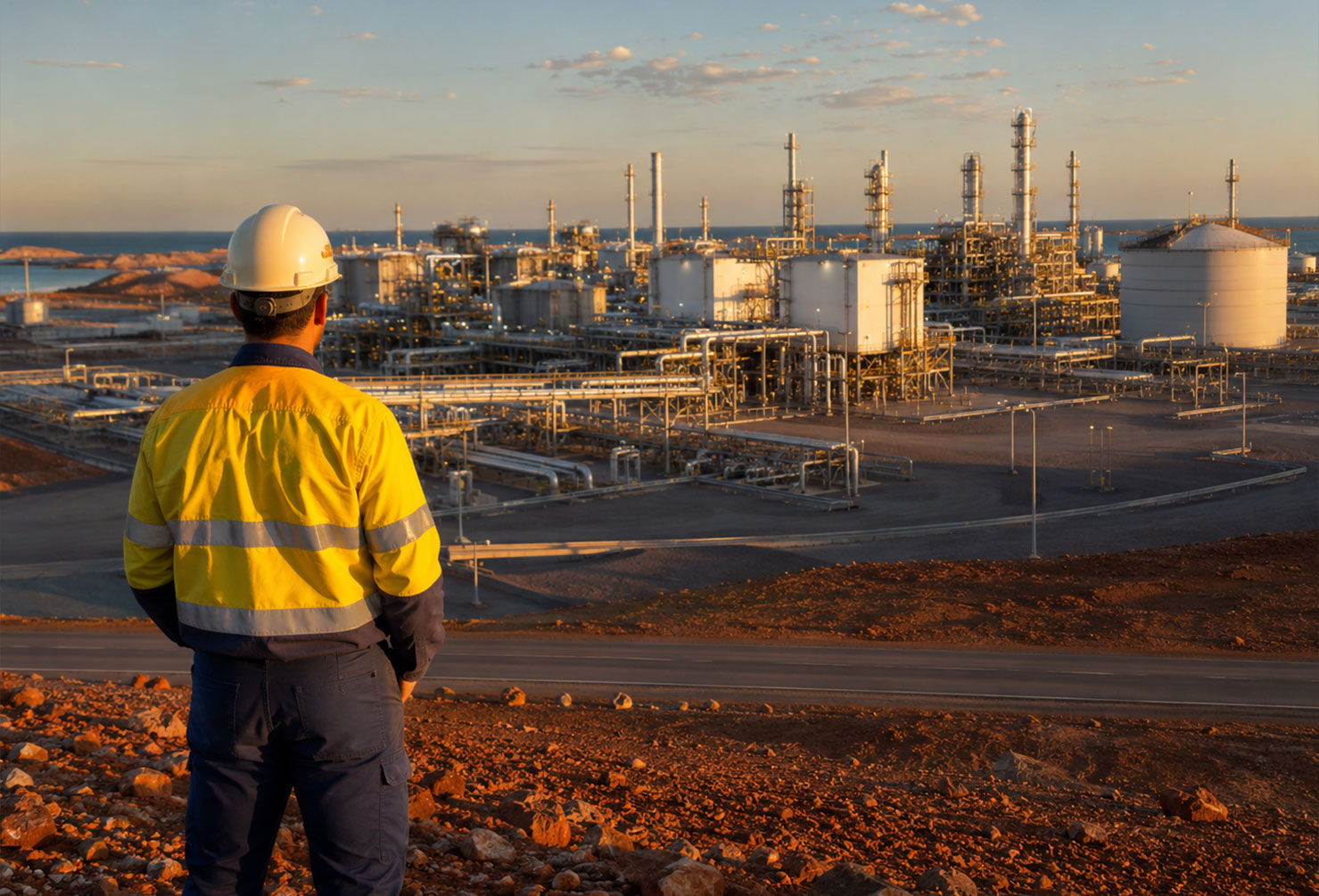 A construction worker in hi-vis and hard hat standing at the edge of a completed LNG processing facility, looking toward the operational plant, late afternoon light
