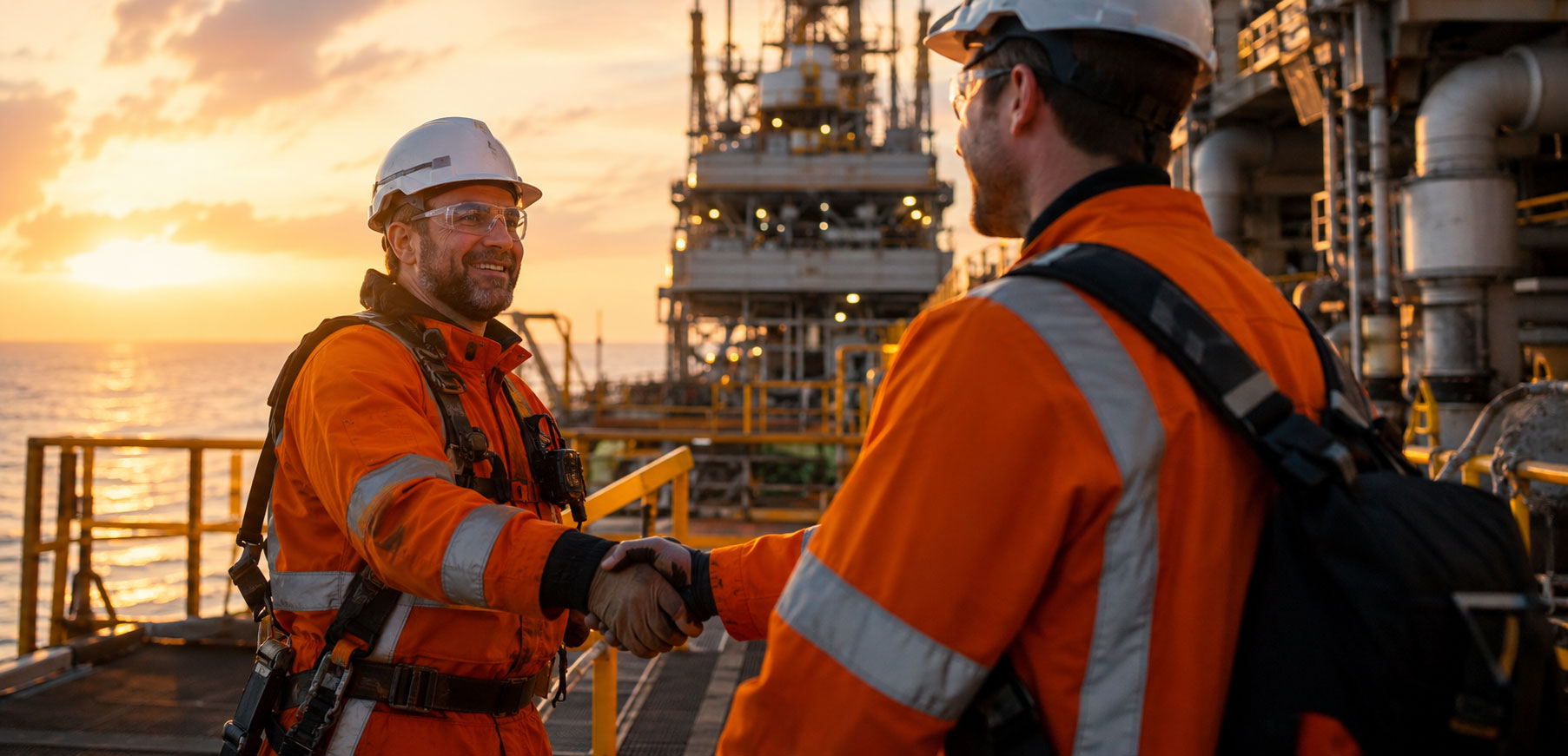 A site supervisor in full PPE shakes hands with a new worker on an offshore platform at golden hour, with safety railings, ocean and industrial structures visible in the background.