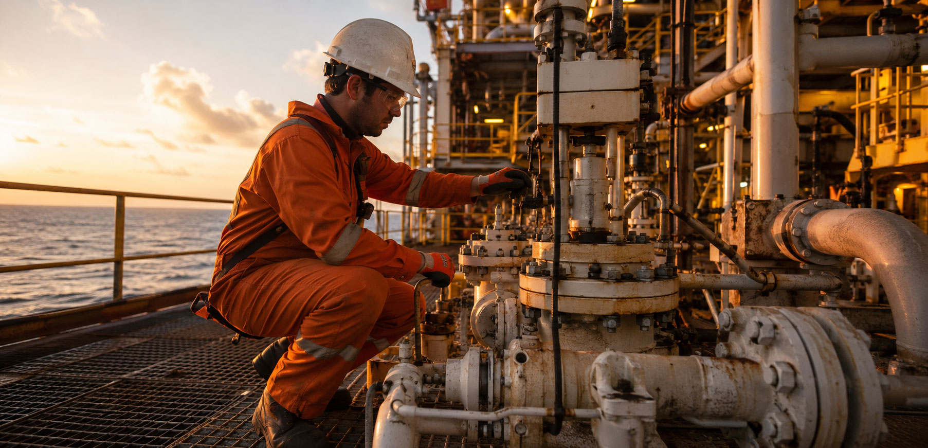 A wide cinematic photograph of a field technician in full PPE working on subsea or wellhead equipment on an offshore platform deck,
