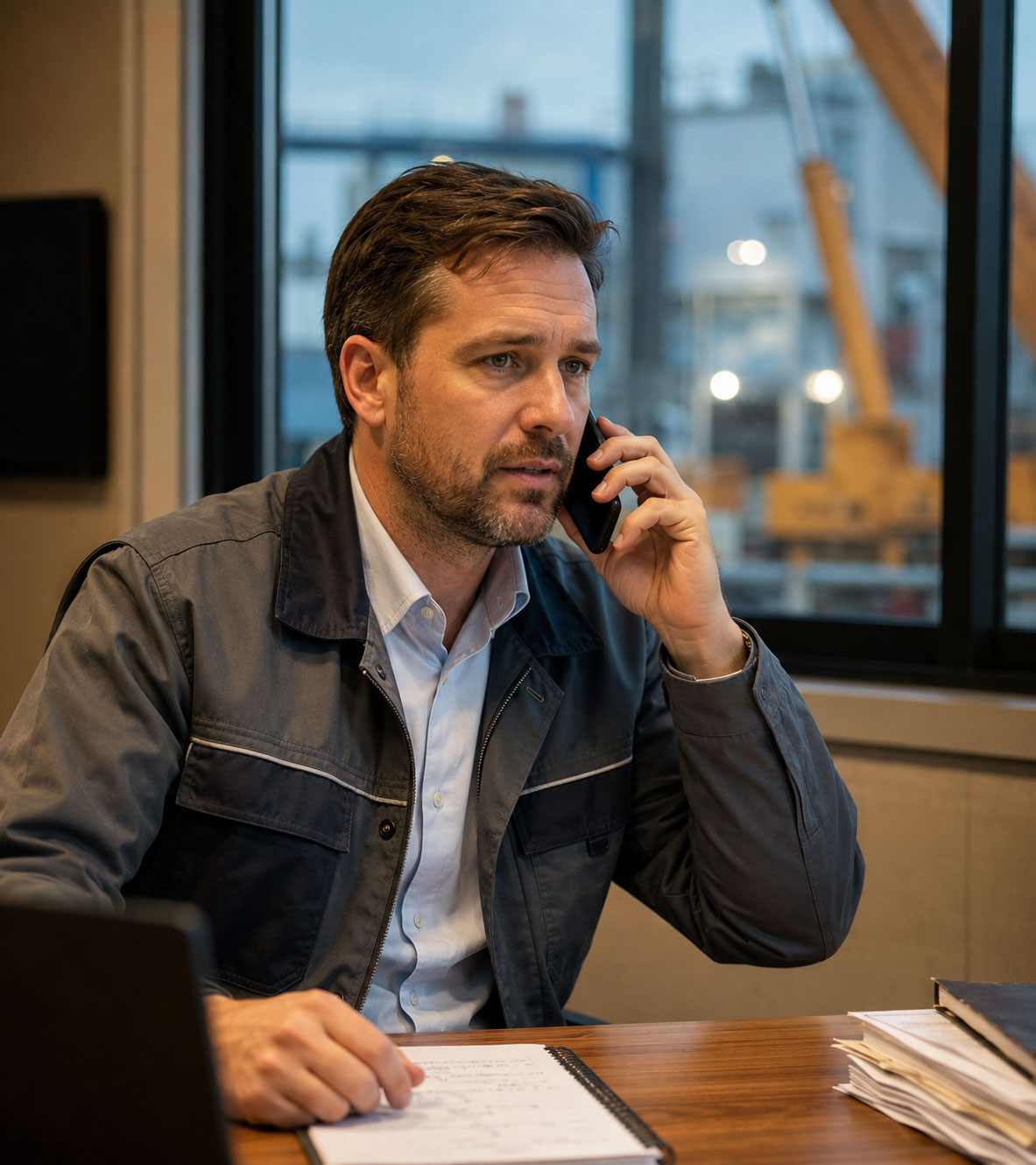 Man sitting at desk on phone with industrial background