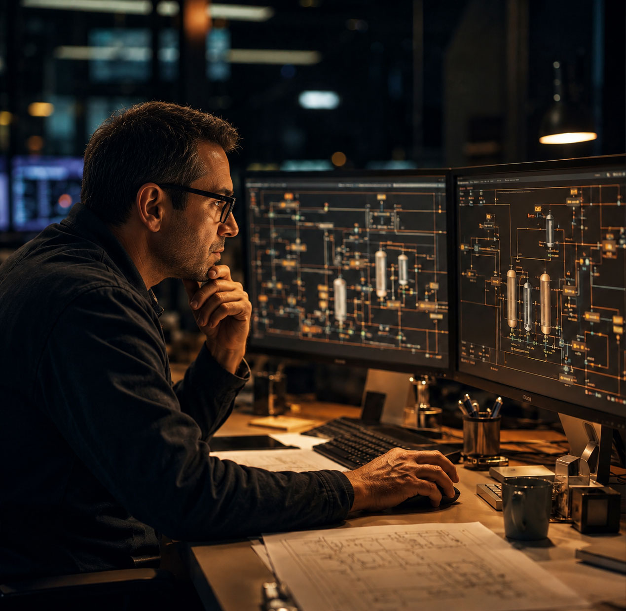 Engineer reviewing complex process diagrams across dual monitors in a dim control room, with technical drawings spread across the desk.