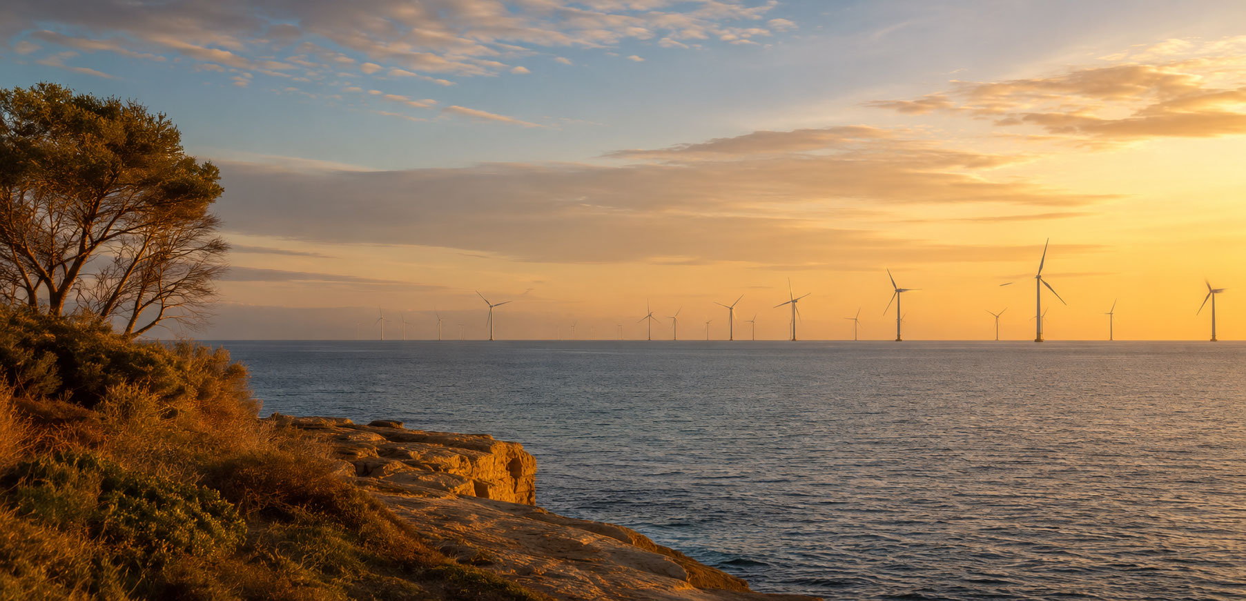 offshore wind farm on the horizon shot from a coastal or shoreline vantage point, warm golden hour light, calm water in the foreground, turbines stretching across the middle distance.