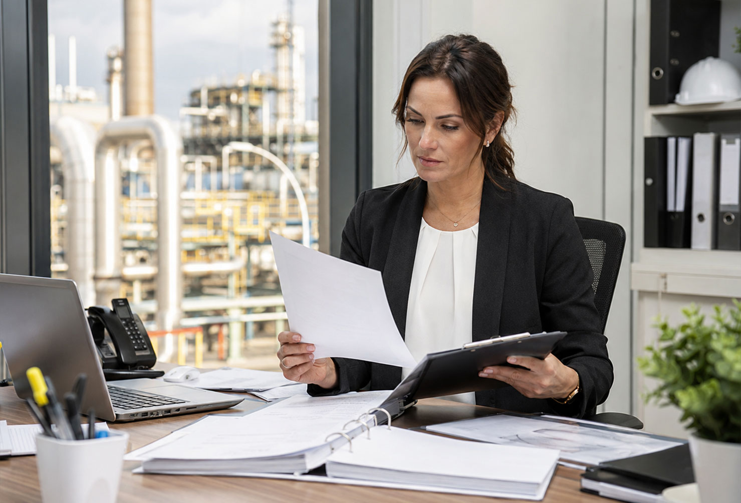 A contracts manager or HR professional reviewing documents at a desk in a site office, industrial facility visible through the window, professional and focused