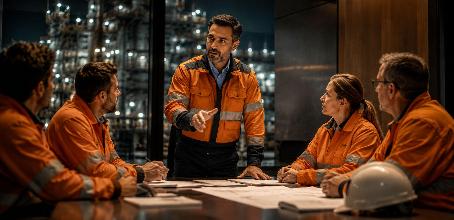 Night-shift industrial briefing with a lead engineer in orange workwear presenting plans to a team in front of an offshore platform backdrop.