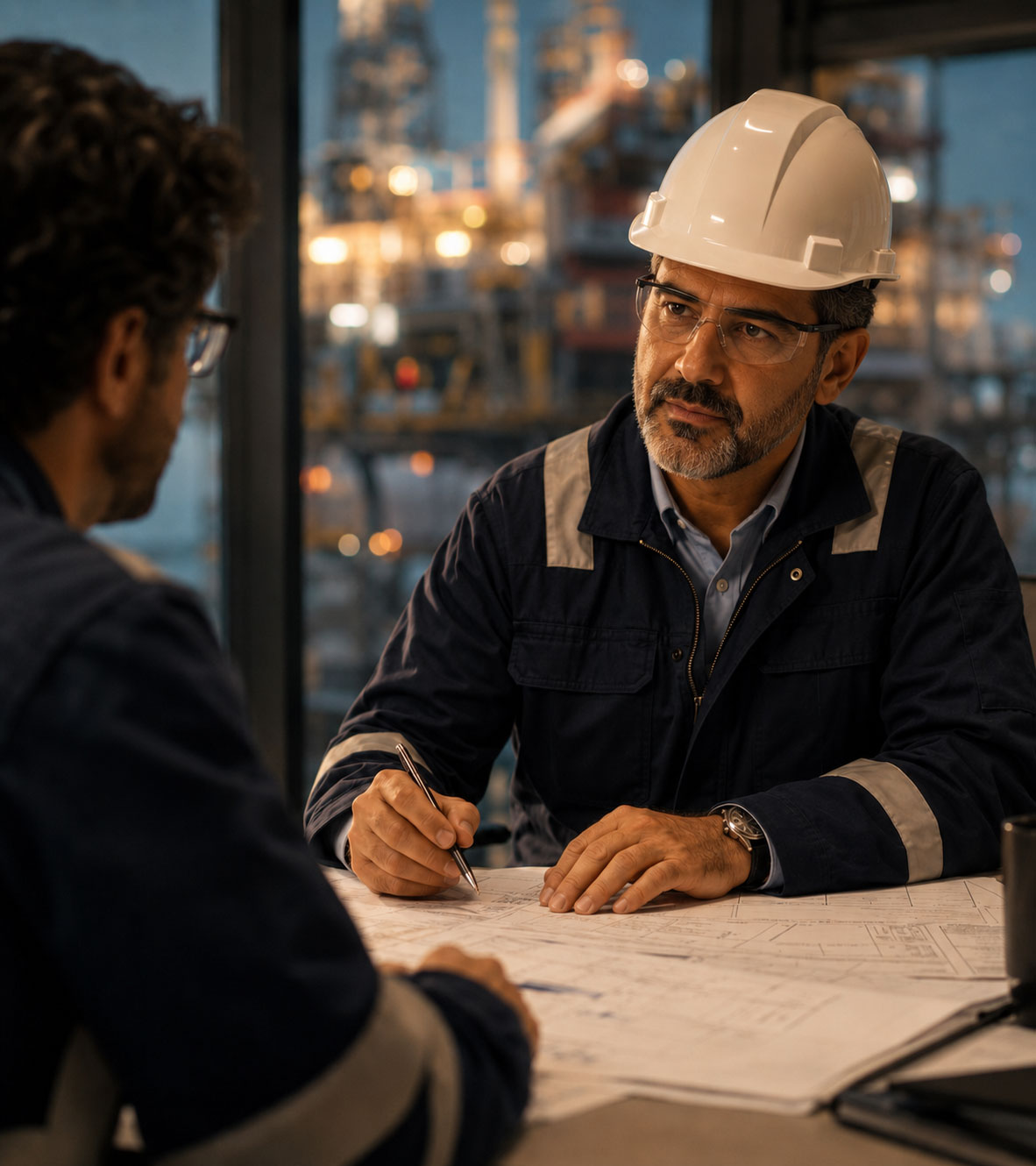 Engineer in hard hat reviewing technical drawings during a meeting, with another engineer and an offshore platform visible in the background.