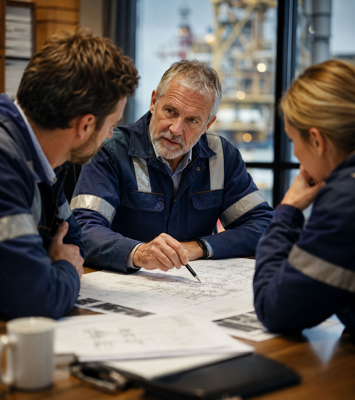 Senior professional in industrial workwear leads a focused technical review with two colleagues, pointing to engineering drawings spread across a table in a warmly lit room with blurred offshore infrastructure visible through the window.