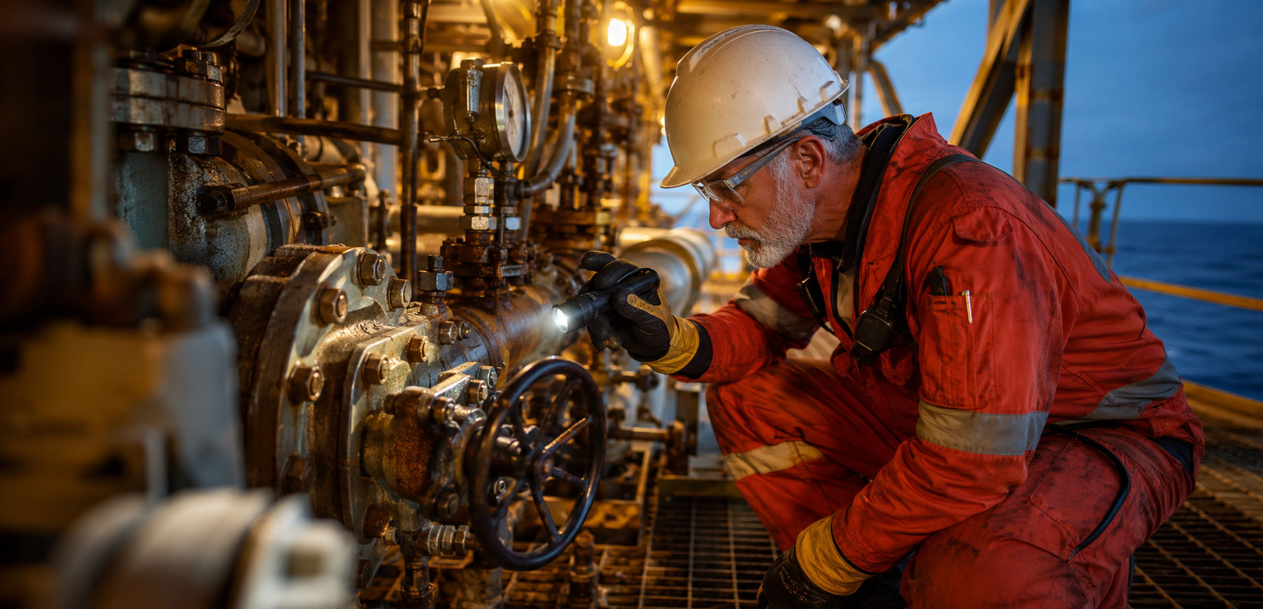 Industrial technician inspecting offshore machinery