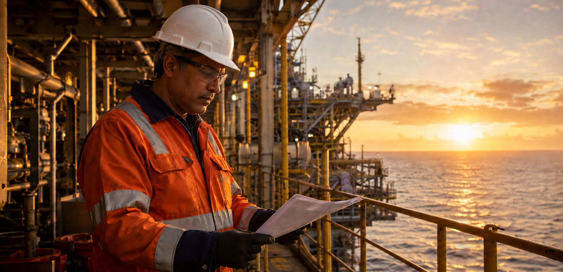 Offshore worker in orange safety coveralls reviewing documents on an oil and gas platform at sunset.