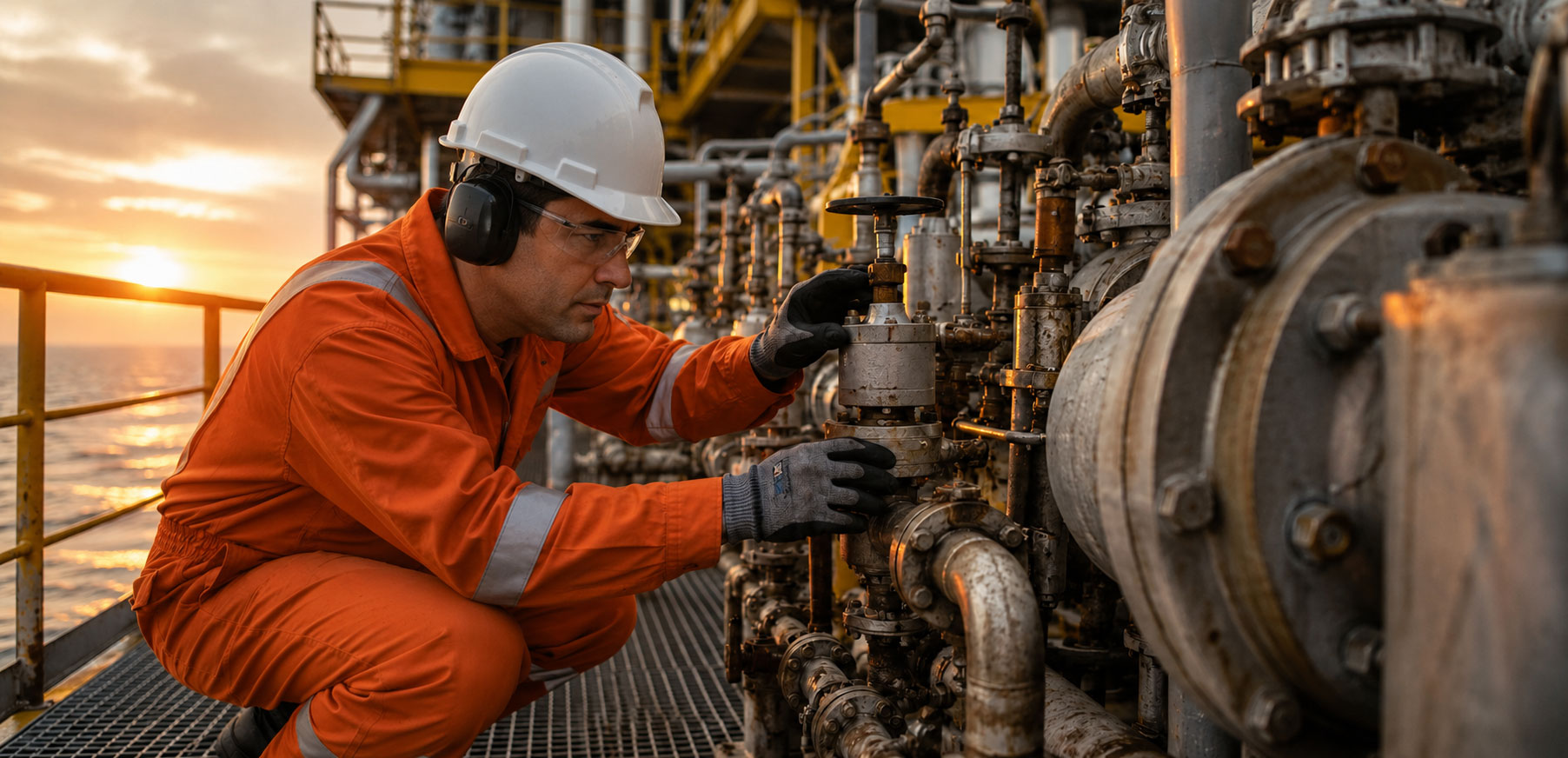 Offshore technician in orange safety coveralls inspecting valve equipment on an oil and gas platform at sunset.