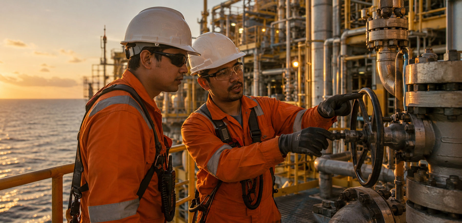 Inspecting the offshore oil platform at sunset