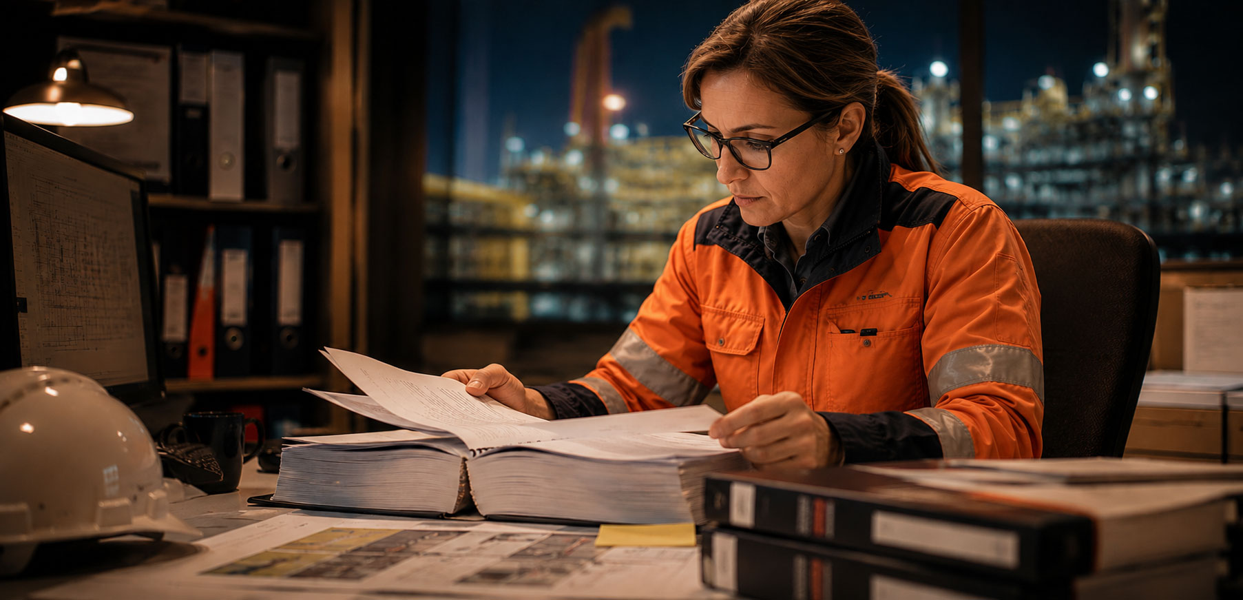 Female engineer in orange safety workwear reviewing technical documents at a desk, with offshore platform lights visible through the window behind her.