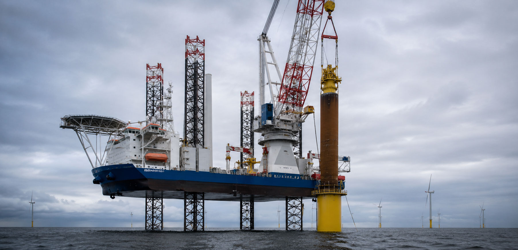 A jack-up vessel installs an offshore wind turbine foundation at sea, with large cranes, monopile equipment and distant wind turbines visible under an overcast sky.
