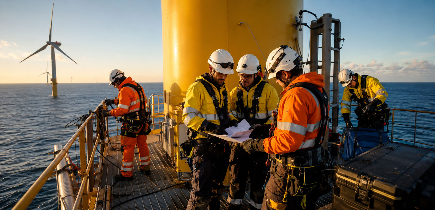 A small team of technicians in full PPE review documents and prepare equipment on an offshore wind platform, with a turbine structure and open sea visible in warm golden hour light.