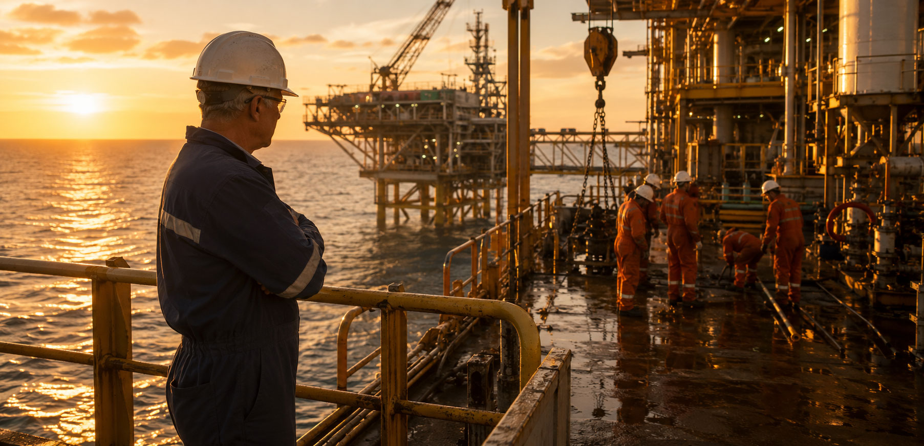 Senior professional in industrial workwear stands apart on an offshore platform deck, arms crossed as they observe a team of workers carrying out operations in warm golden hour light.