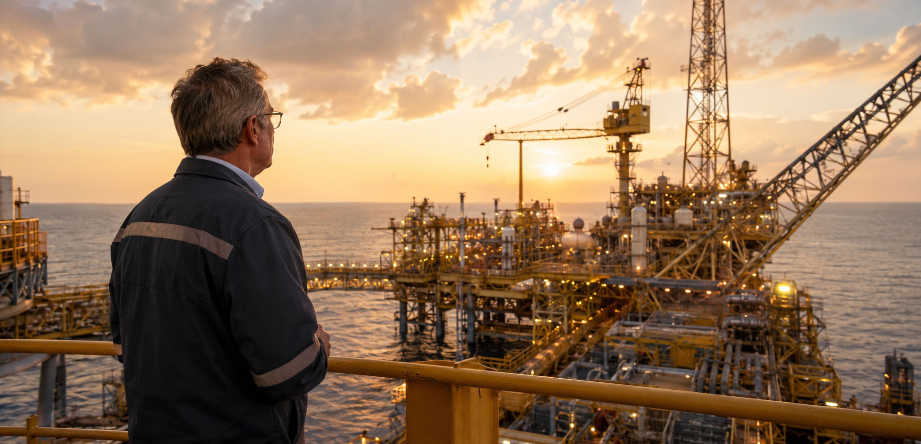 a senior professional in smart industrial workwear standing on an offshore platform deck, looking out across a large industrial facility with cranes and equipment visible, conveying leadership and oversight.