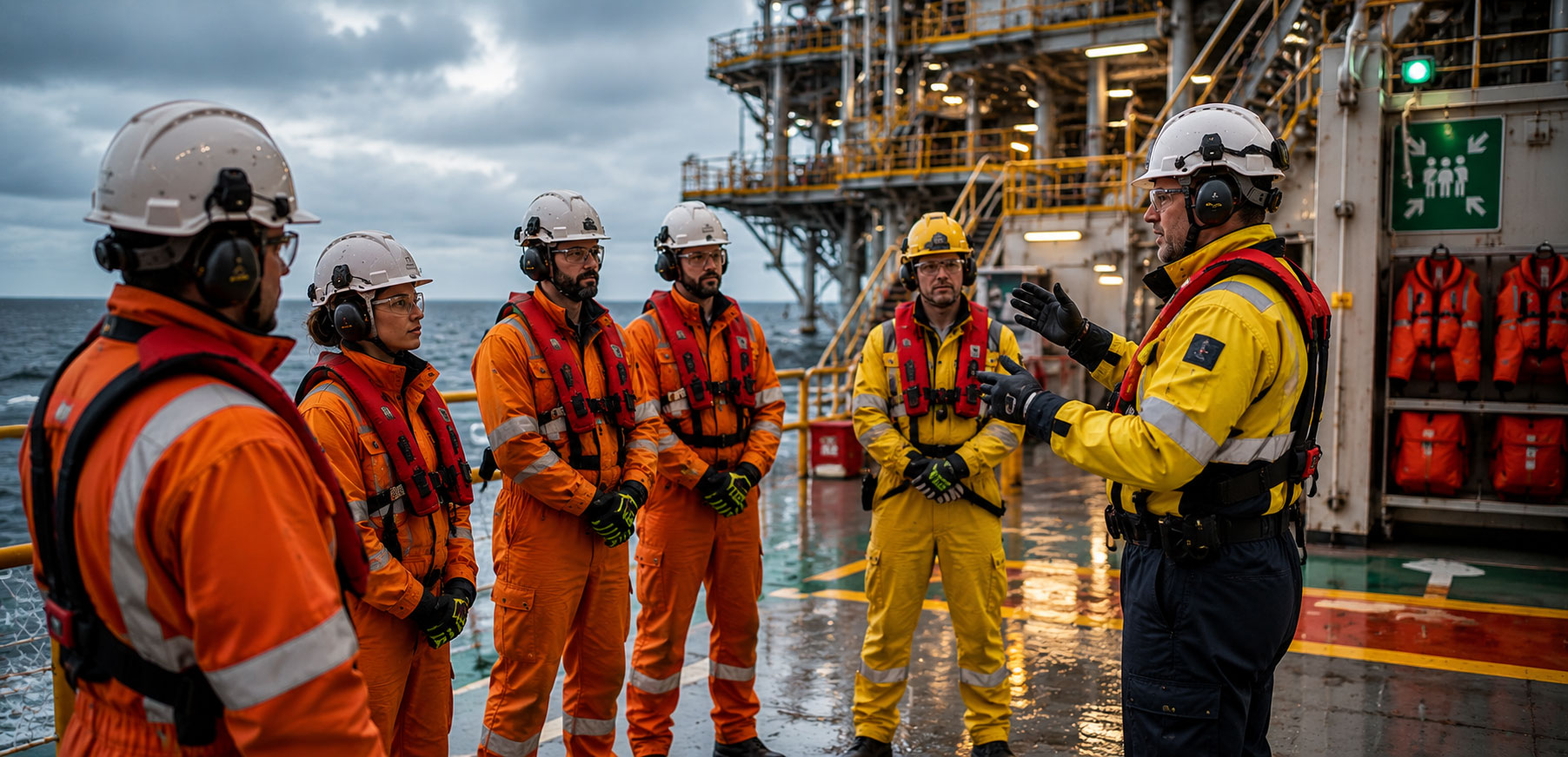 Safety briefing on offshore platform deck