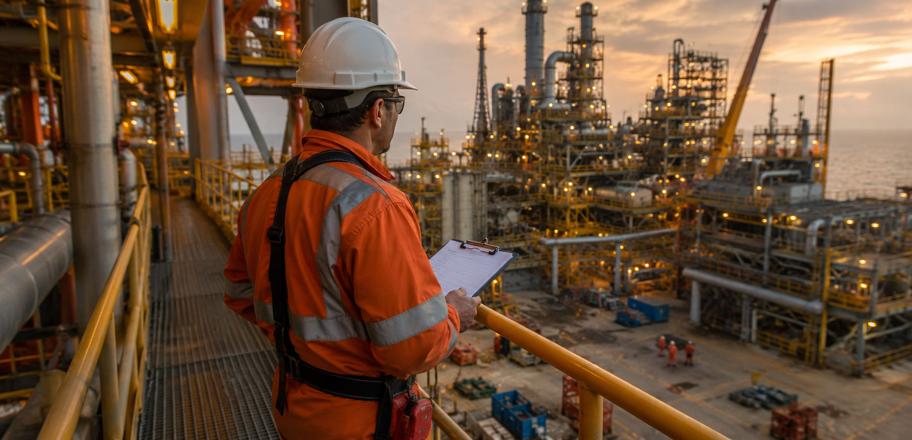 A site coordinator in full PPE stands on an elevated industrial platform walkway holding a clipboard, looking out over a large active facility below in warm ambient light.