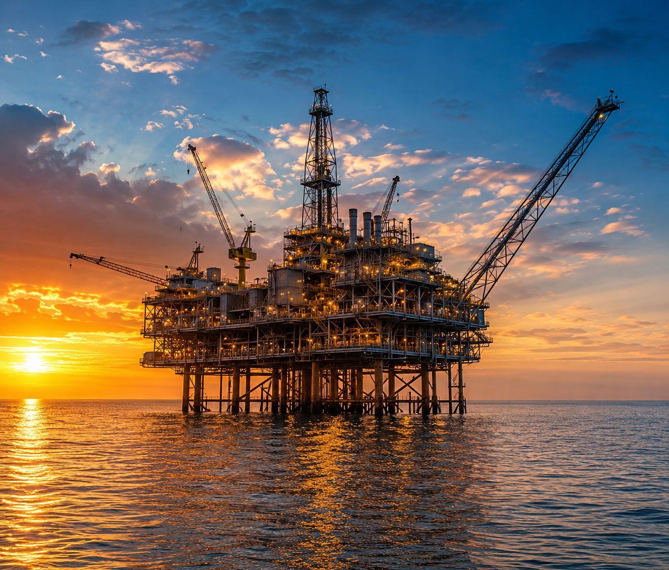An offshore platform stands above calm sea at golden hour, with cranes and deck equipment silhouetted against an orange and deep blue sky and warm amber reflections on the water.