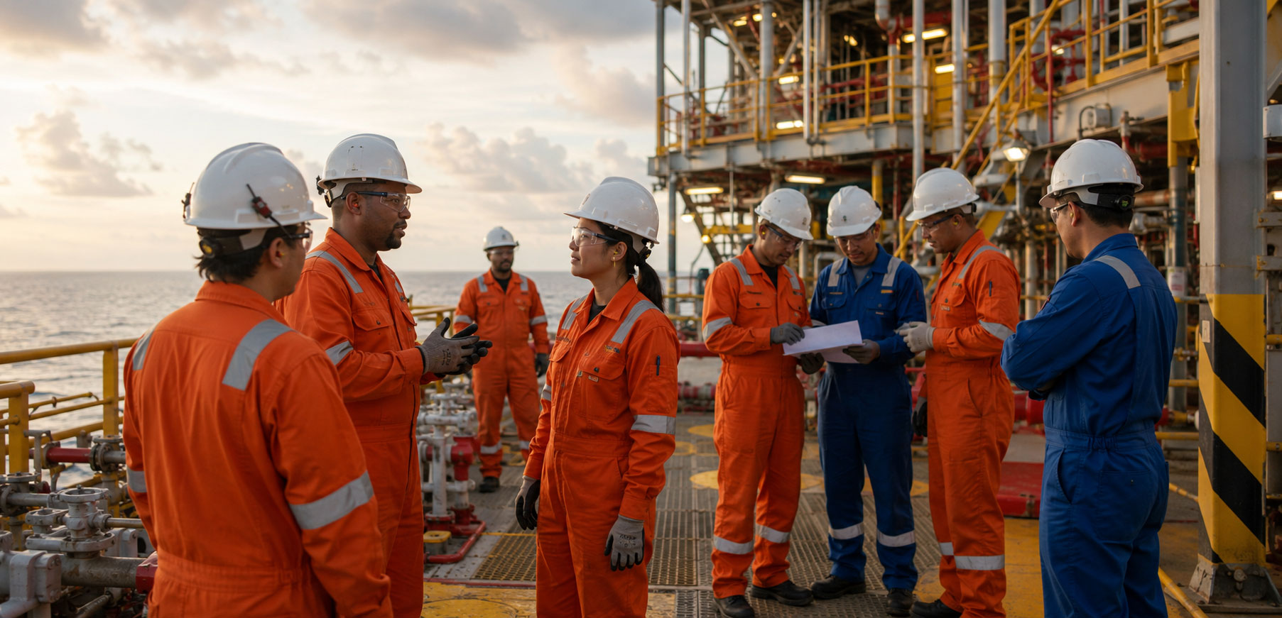 A wide cinematic photograph of a diverse crew of workers in full PPE assembled on an offshore platform deck, some in conversation, others reviewing documents, conveying a well-organised and managed workforce.