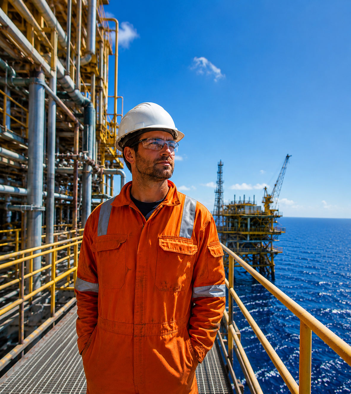 Offshore field technician in orange PPE and hard hat stands on a platform walkway, looking past the camera with blue ocean and industrial rig structure behind him.