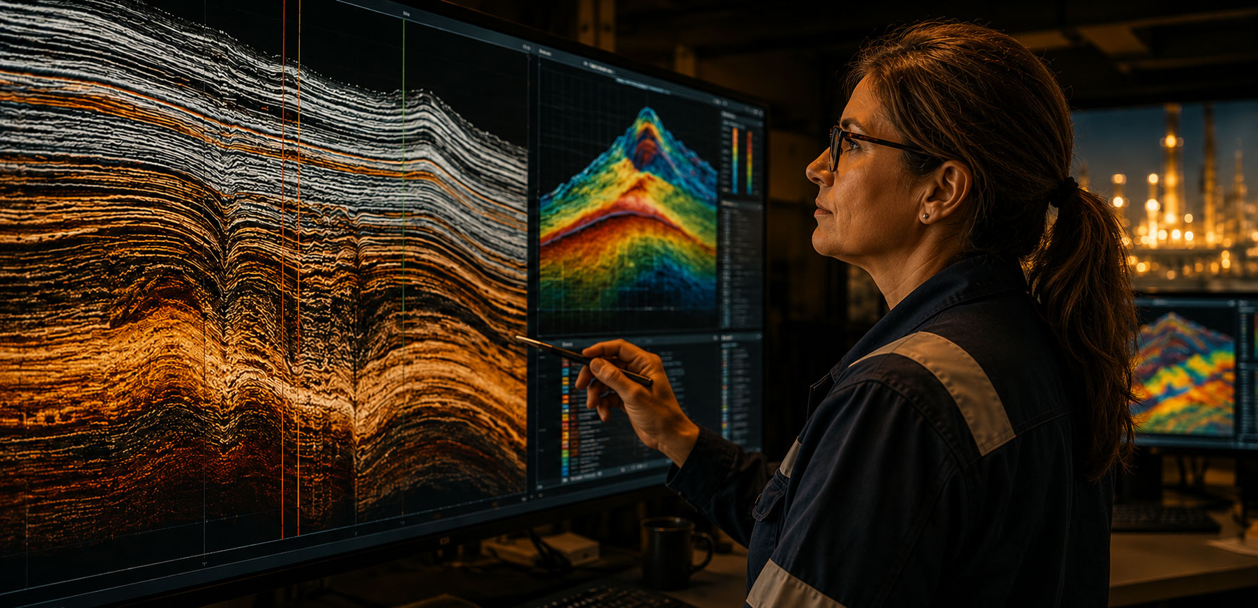 Female engineer reviewing seismic analysis data on large monitors in an industrial control room, with an offshore platform visible in the background.