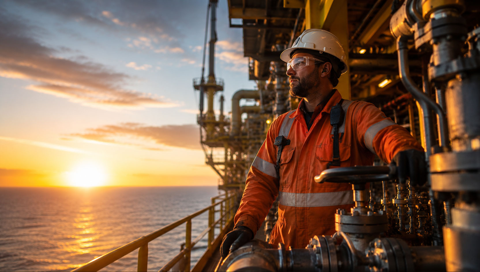 careers-with-enxgy Field technician in full PPE operating valve equipment on an offshore platform at sunset, with warm golden light, industrial pipework, and open ocean in the background.