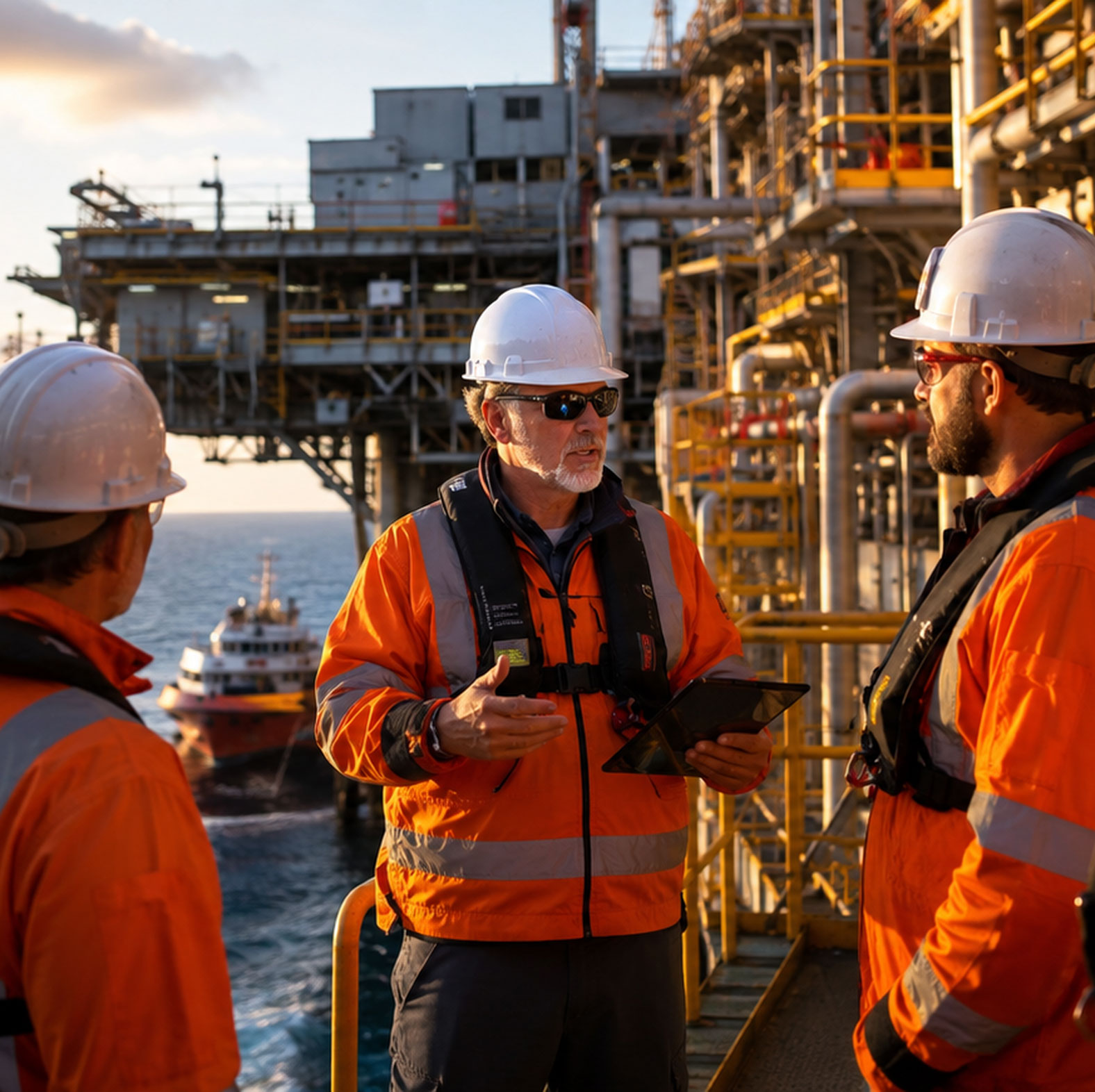 Senior energy professional briefing a group of field technicians in full PPE on an offshore platform, with crew transfer vessel, open sea and industrial structure in the background.