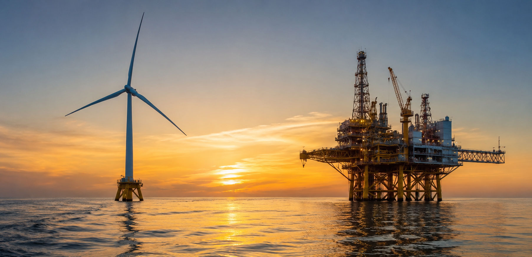 A wide cinematic photograph of an offshore wind turbine and an oil and gas platform visible in the same frame, shot from water level at golden hour, warm amber tones across calm water.