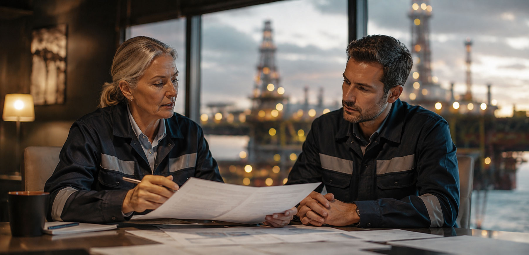 Senior female engineer reviewing project plans with a younger male engineer in an office overlooking an offshore platform.