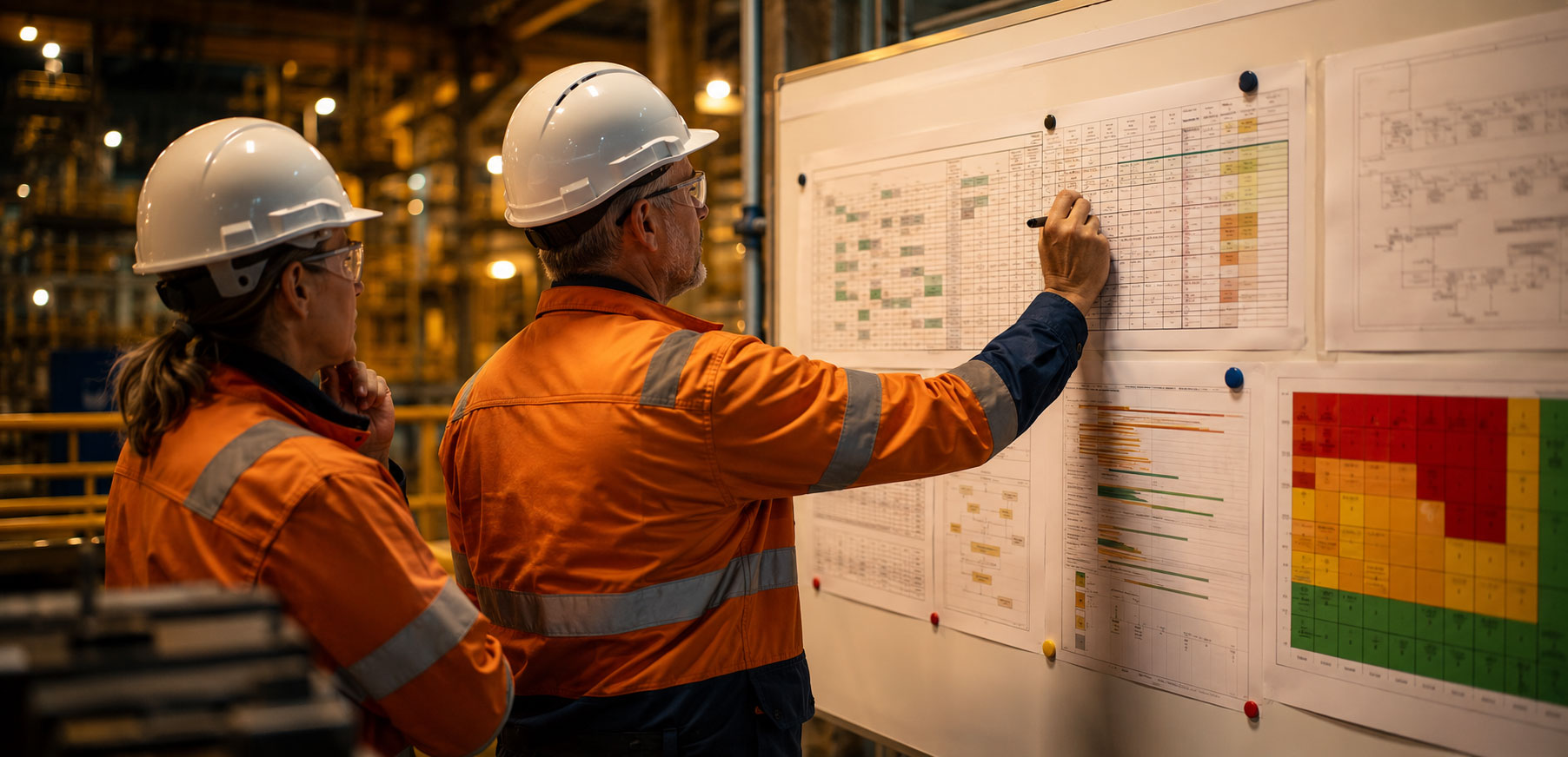 Two professionals in orange PPE and white hard hats review project schedules and risk matrices on a planning board in a warmly lit industrial setting, with one annotating the board while the other studies the information.