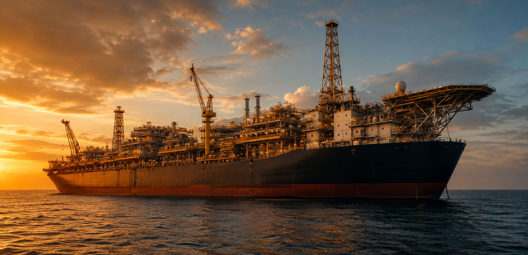 a large FPSO vessel on open ocean at golden hour, warm amber and deep blue tones, the full vessel visible from water level with cranes and processing equipment on deck.