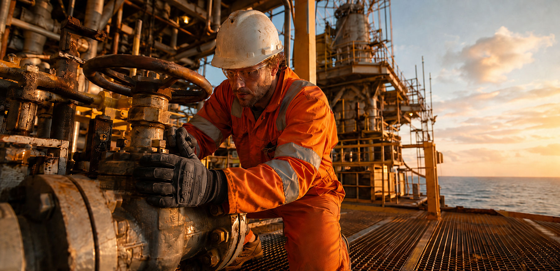 field technician in full PPE — hard hat, hi-vis coveralls, safety glasses — working on wellhead or valve equipment on an offshore platform deck, shot from a slight low angle with industrial structure and open sky behind them.