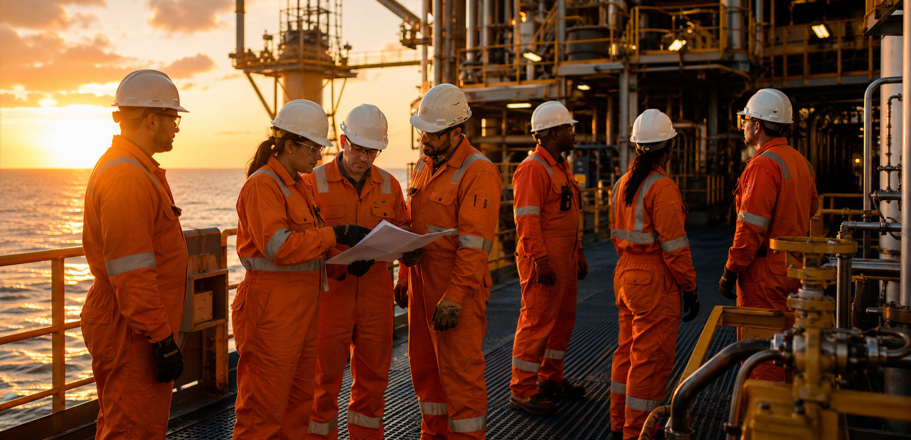 A wide cinematic photograph of a mixed crew of workers in full PPE gathered on an offshore platform deck at golden hour, some reviewing documents, others looking toward equipment.