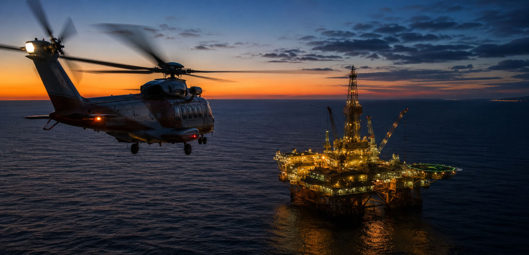 A wide cinematic photograph of a helicopter approaching an offshore platform at dusk, warm amber and deep blue tones in the sky, the platform lit up below.