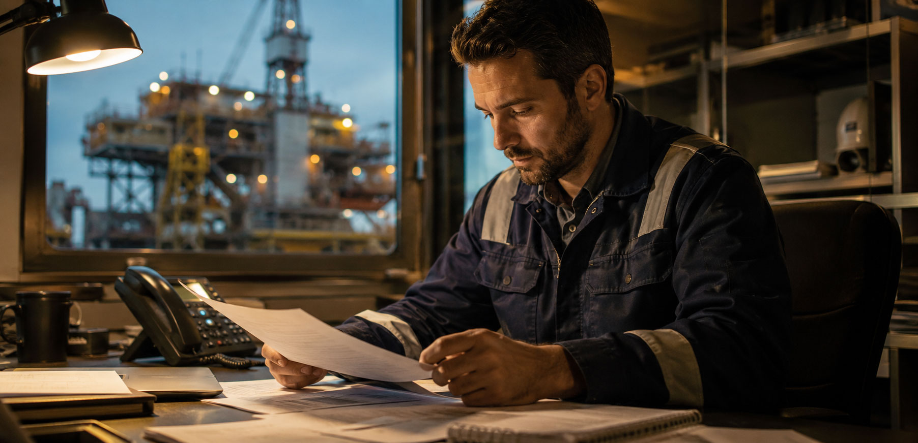 A wide cinematic photograph of a professional in smart industrial workwear reviewing documents at a desk, warm indoor lighting, blurred operational background visible through a window.