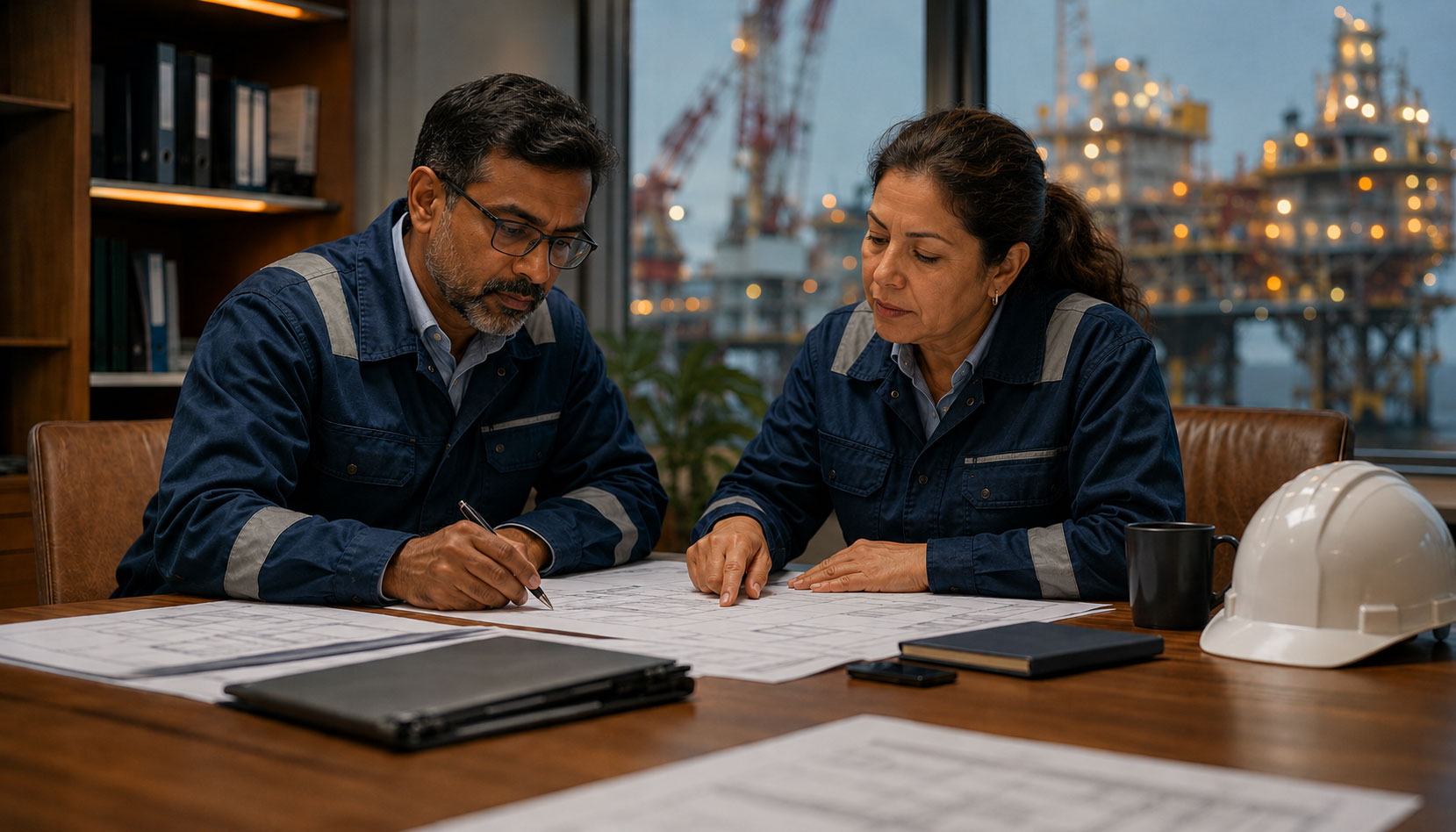 Two engineers in navy workwear discuss project plans over blueprints, with an illuminated offshore platform in the background.
