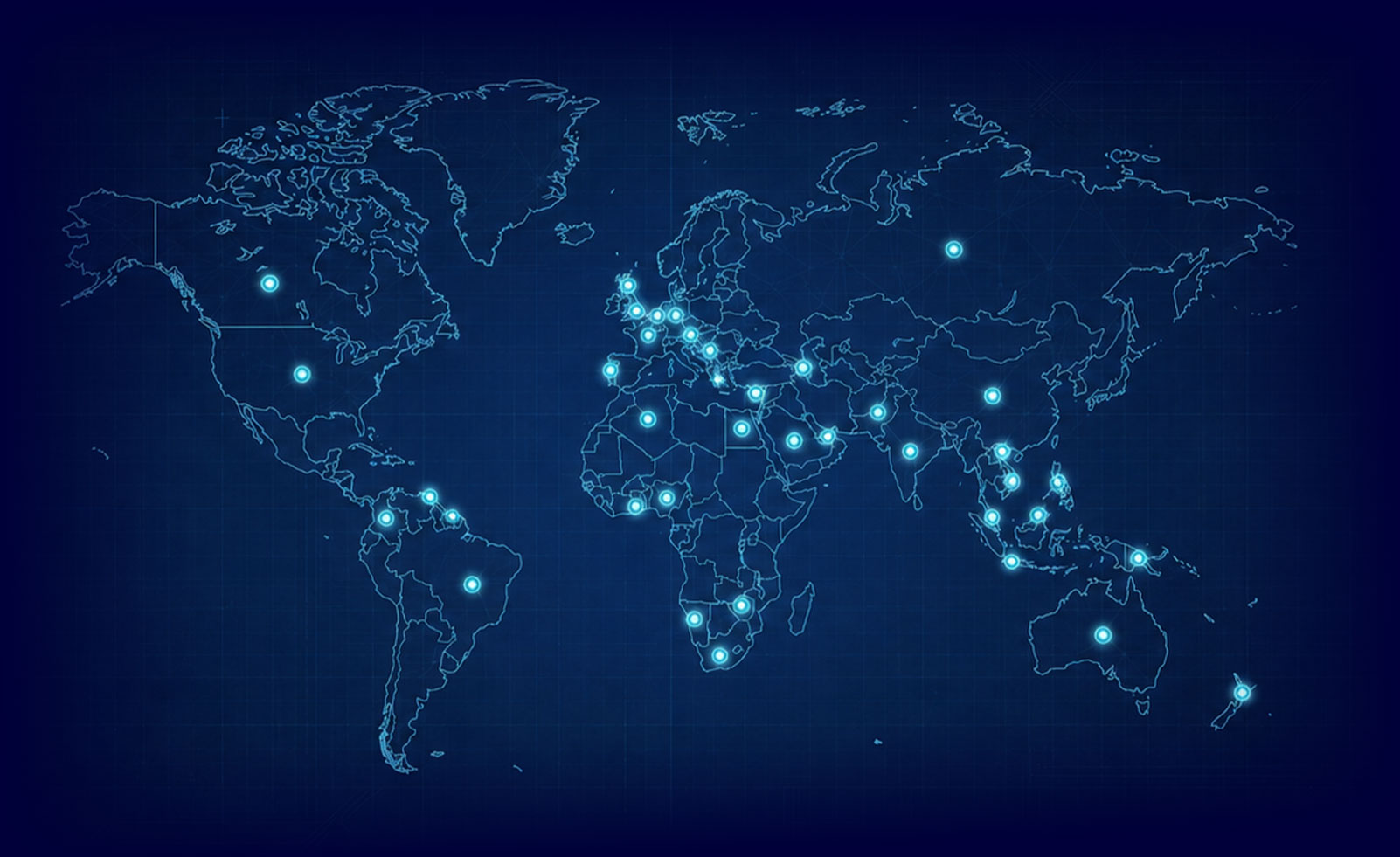 Digital world map with glowing blue connection points on a dark navy technical grid background, enlarged and centred with extra space around the map for layout use.