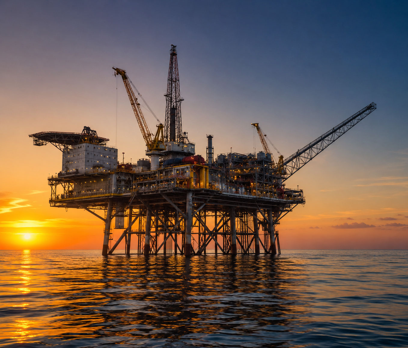 A wide cinematic photograph of an offshore platform at golden hour shot from water level, warm amber light reflecting on the calm sea