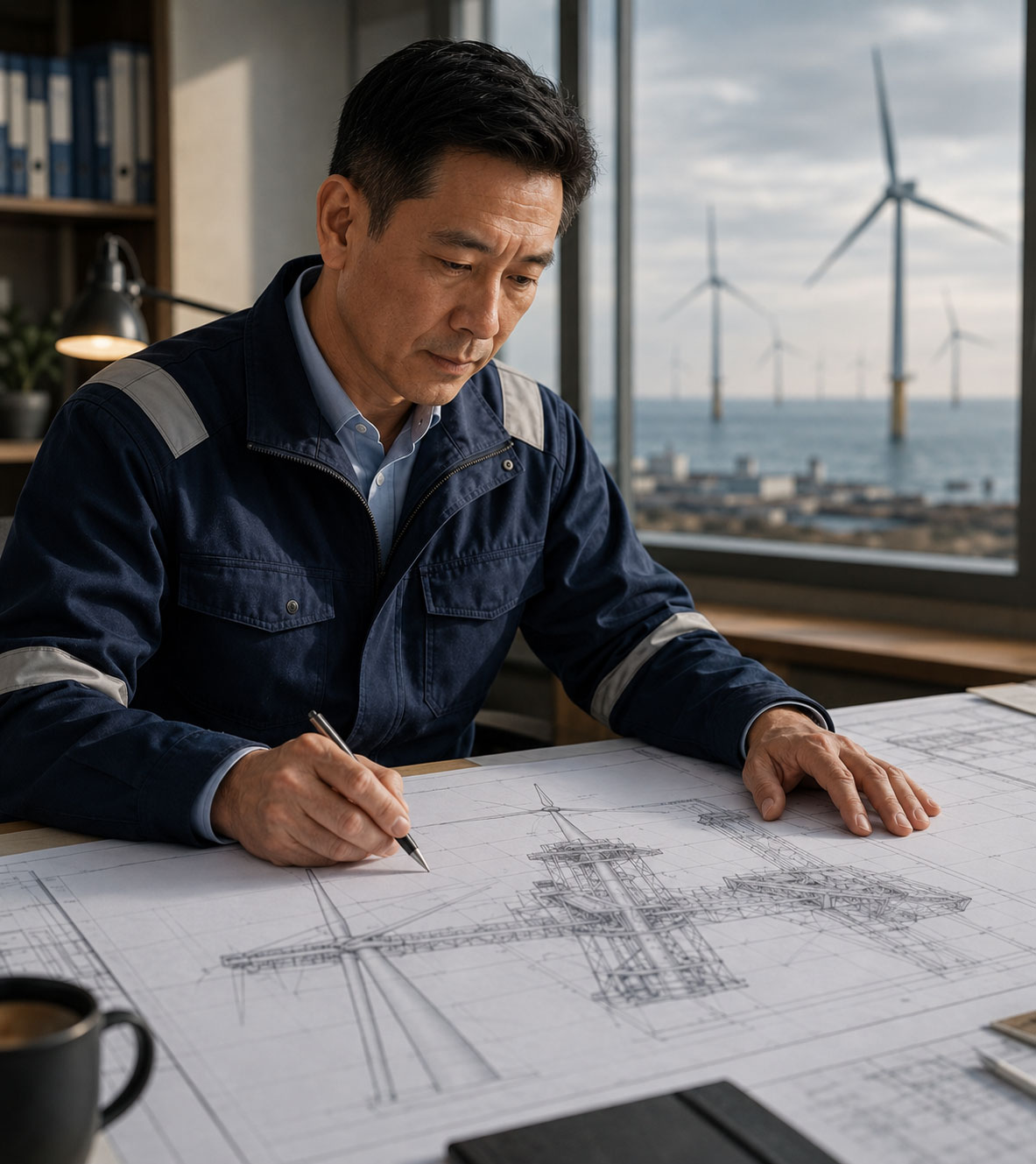 Engineer in navy workwear reviewing offshore wind turbine blueprints at a desk, with wind turbines visible through the office window behind him.